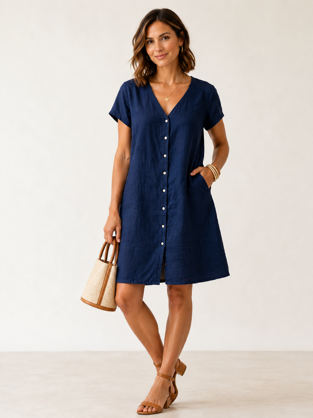 100% Linen Button Down Dress- Naval