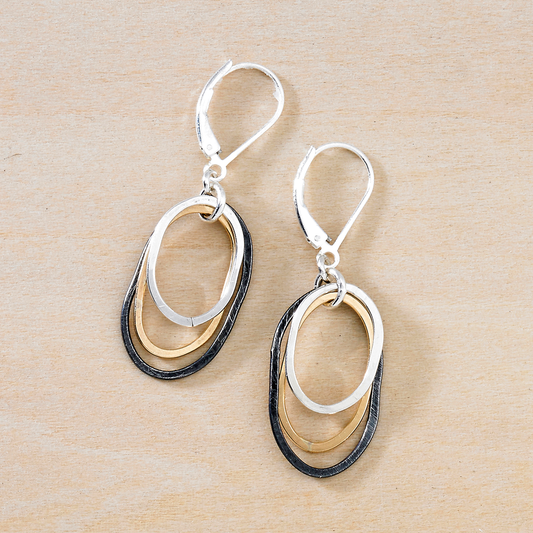 Mixed Oval Earrings Hammered Sterling Gold Black