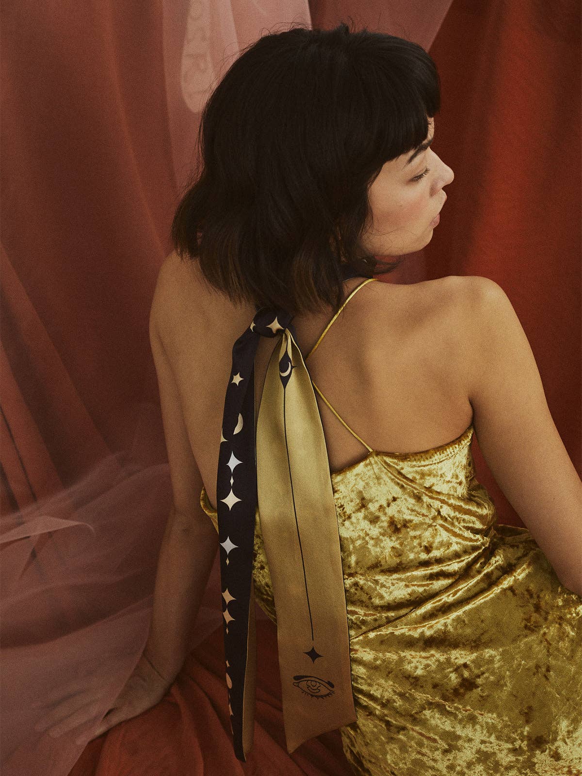 "Moonlit Stars" Silk Neck Bow Scarf: Black