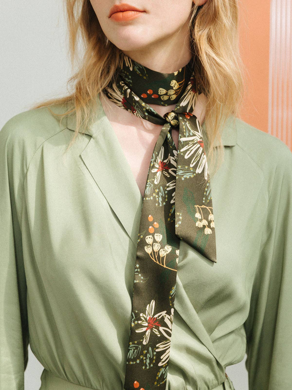 "Forest Charm" Silk Skinny Scarf - Moss Green: Moss Green