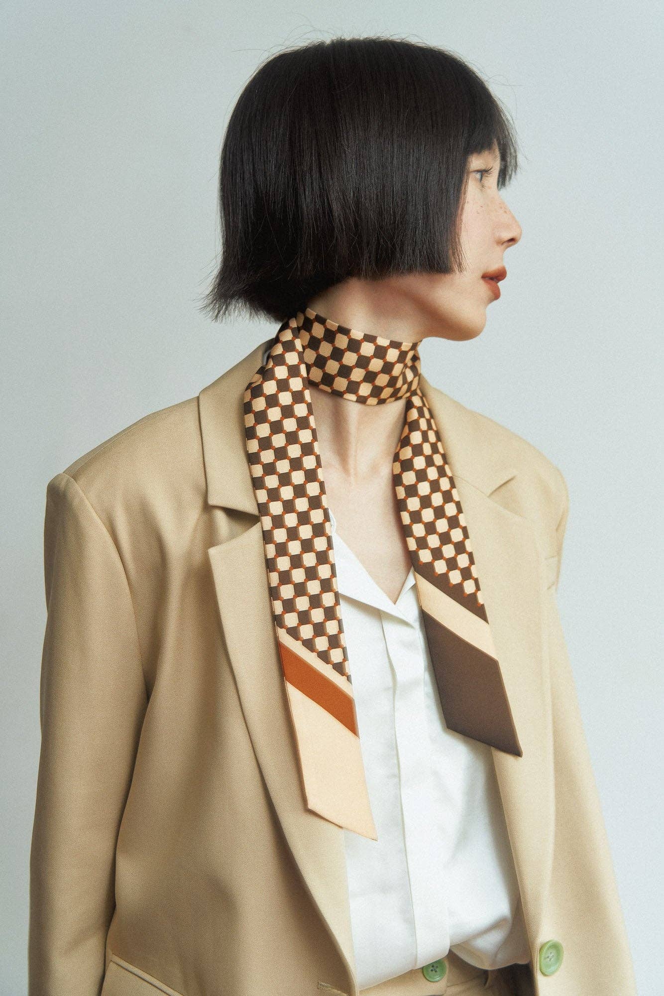 "Checkerboard" Silk Twill Skinny Scarf - Coffee