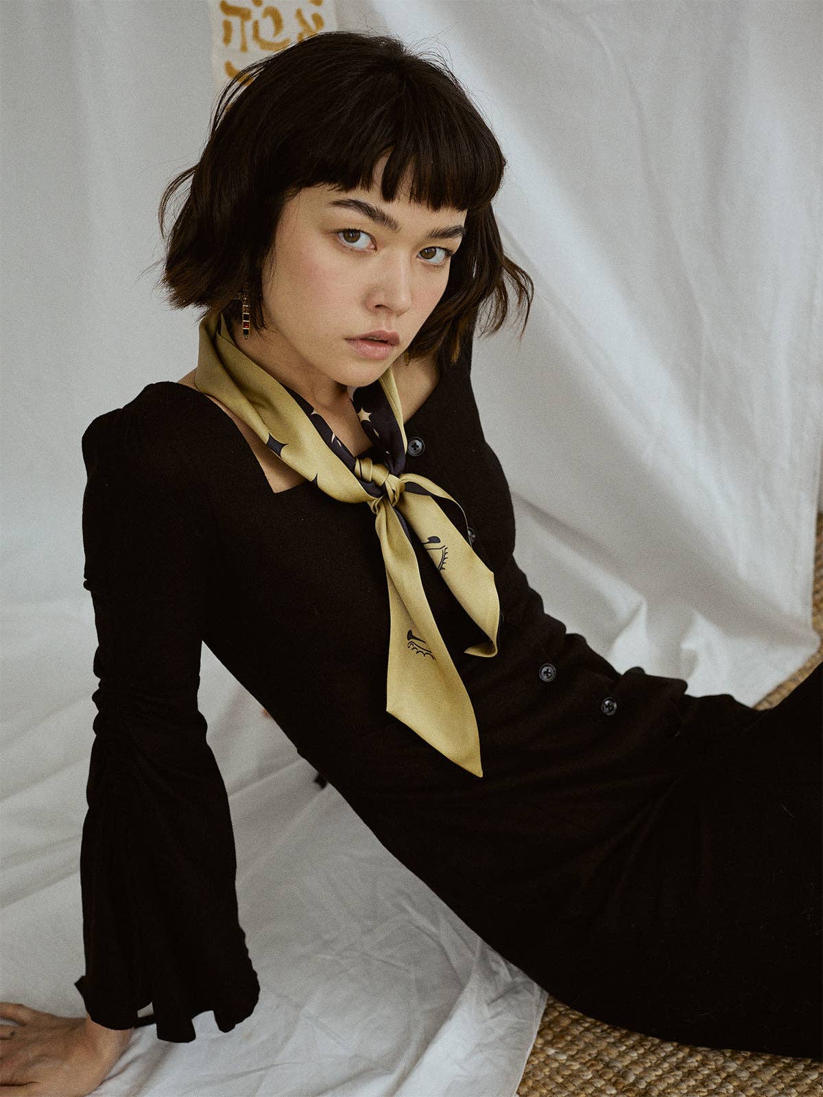 "Moonlit Stars" Silk Neck Bow Scarf: Black