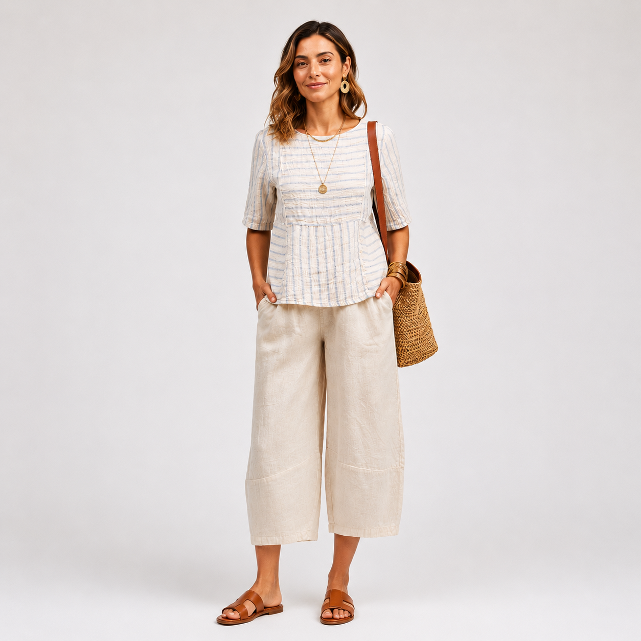 100% Linen Stripe Top- Jicama