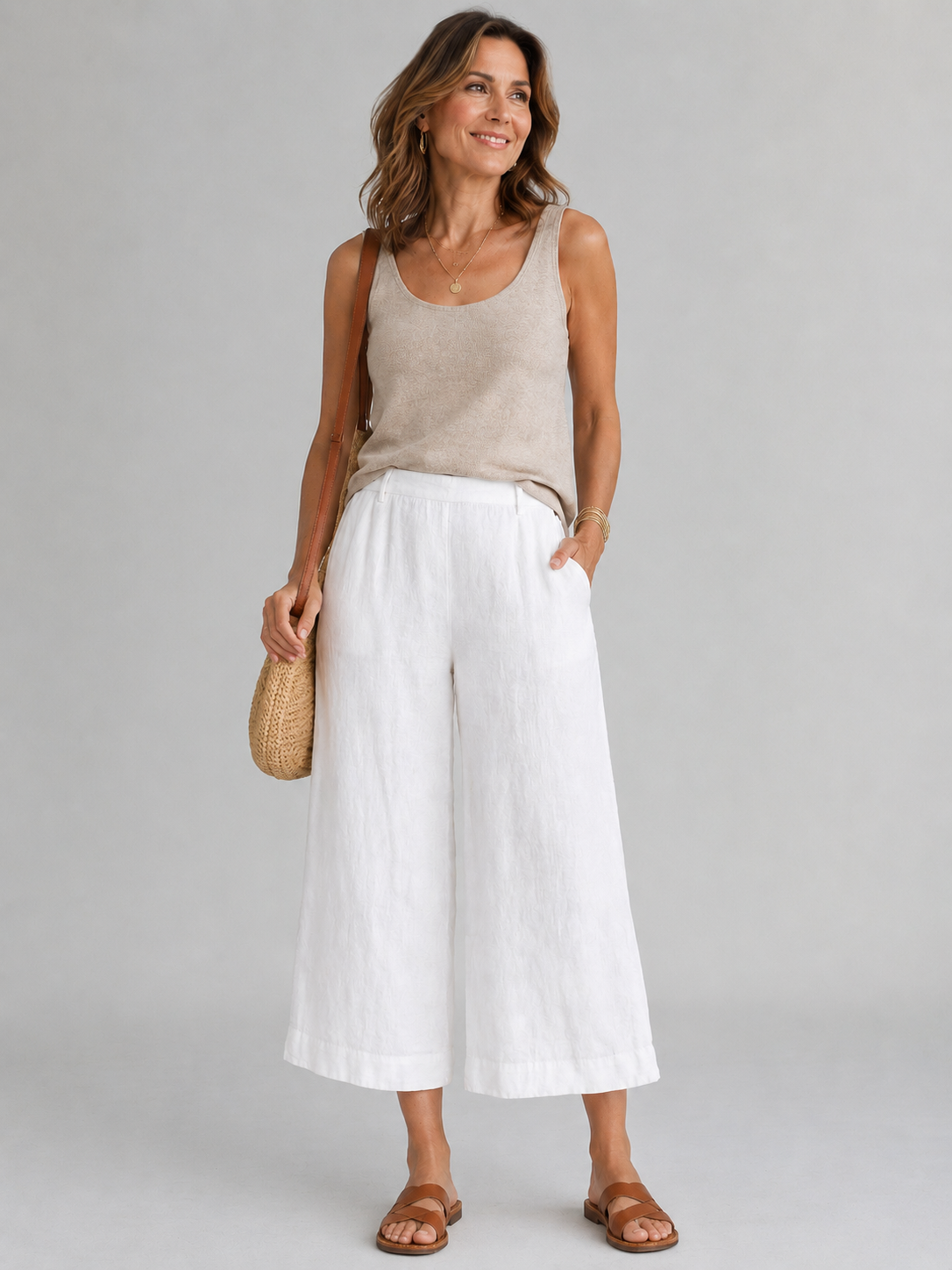 100% Linen Crop Pant- White