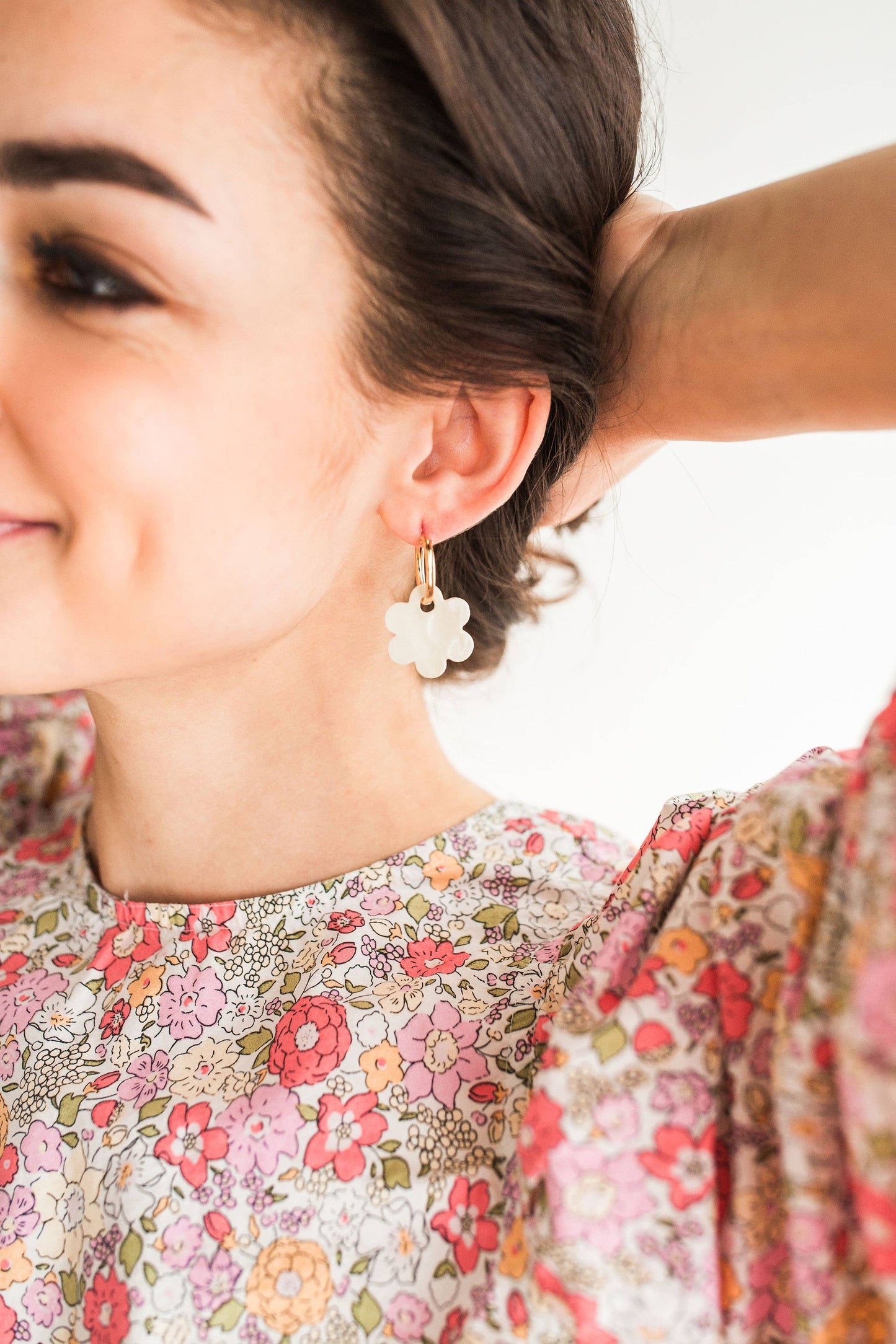 Porcelain Daisy Charm 14k GF Hoops