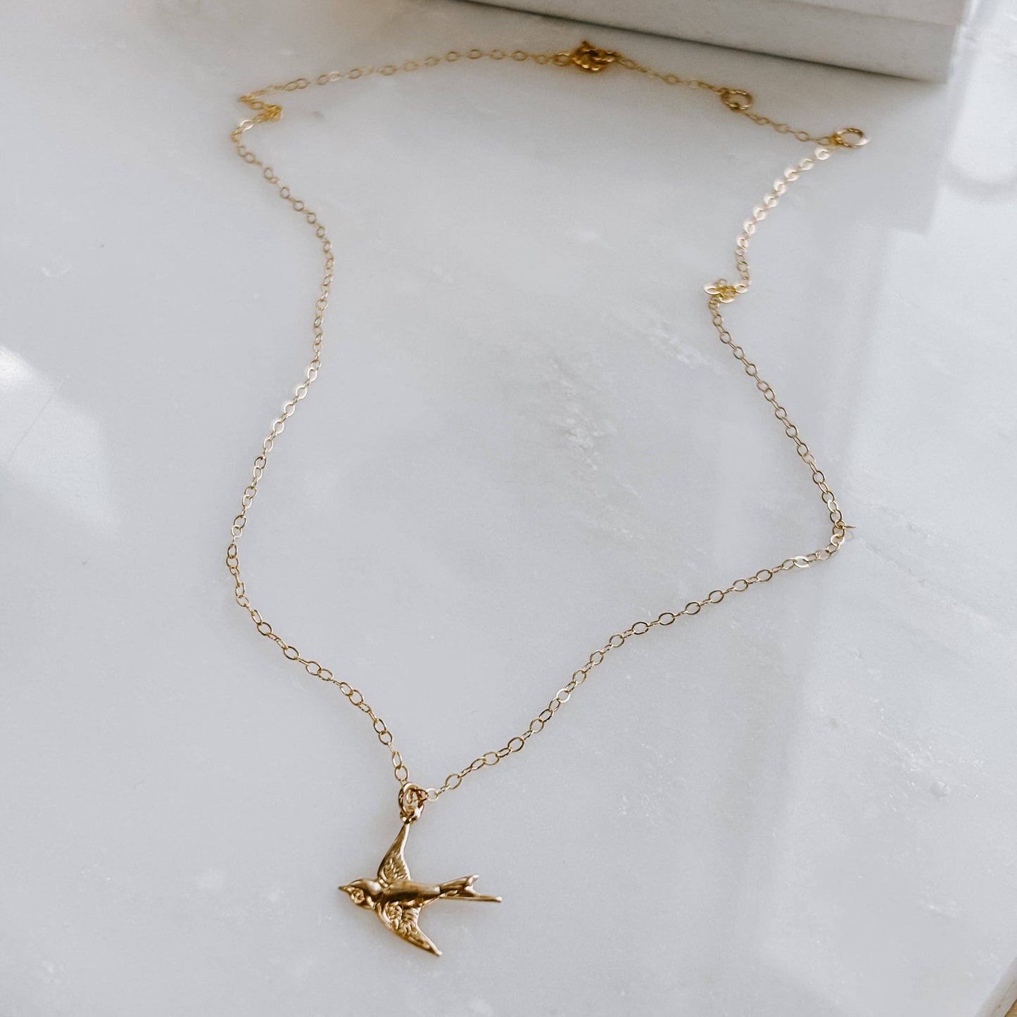 Dainty Flying Sparrow Necklace: 14k Gold Fill