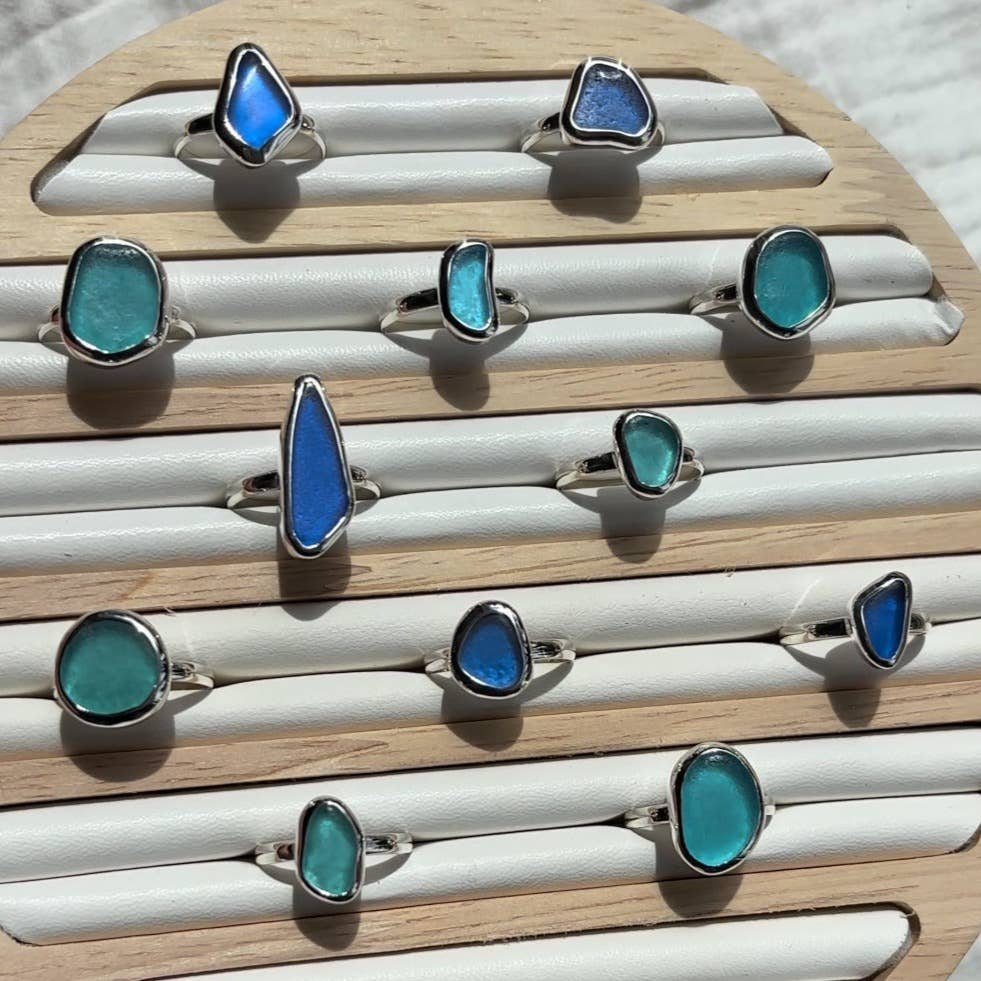 Blue Sea Glass Ring (Handmade): 925 Silver