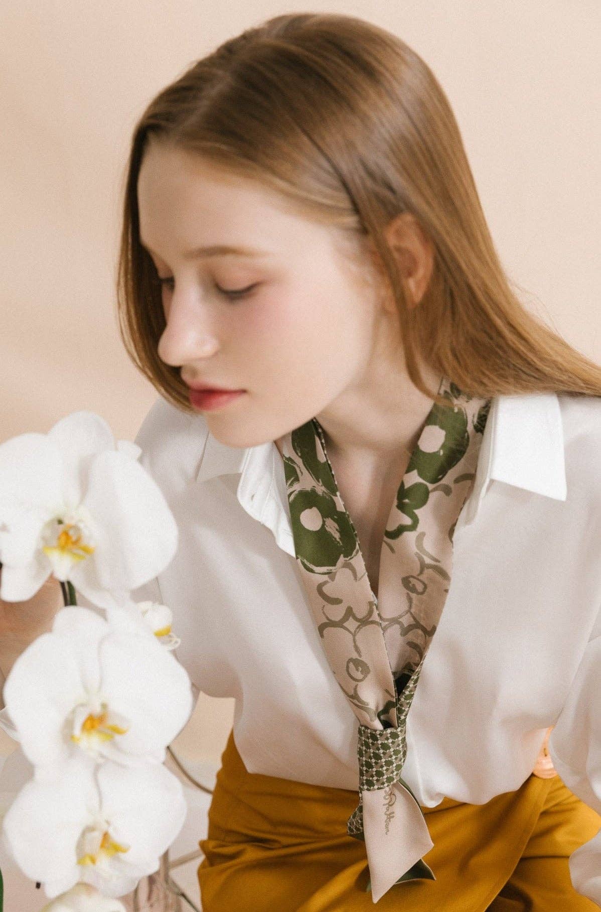 "Floral Houndstooth" Silk Skinny Scarf: Green