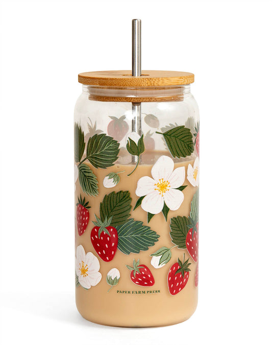 Strawberry Patch Glass Can with Lid