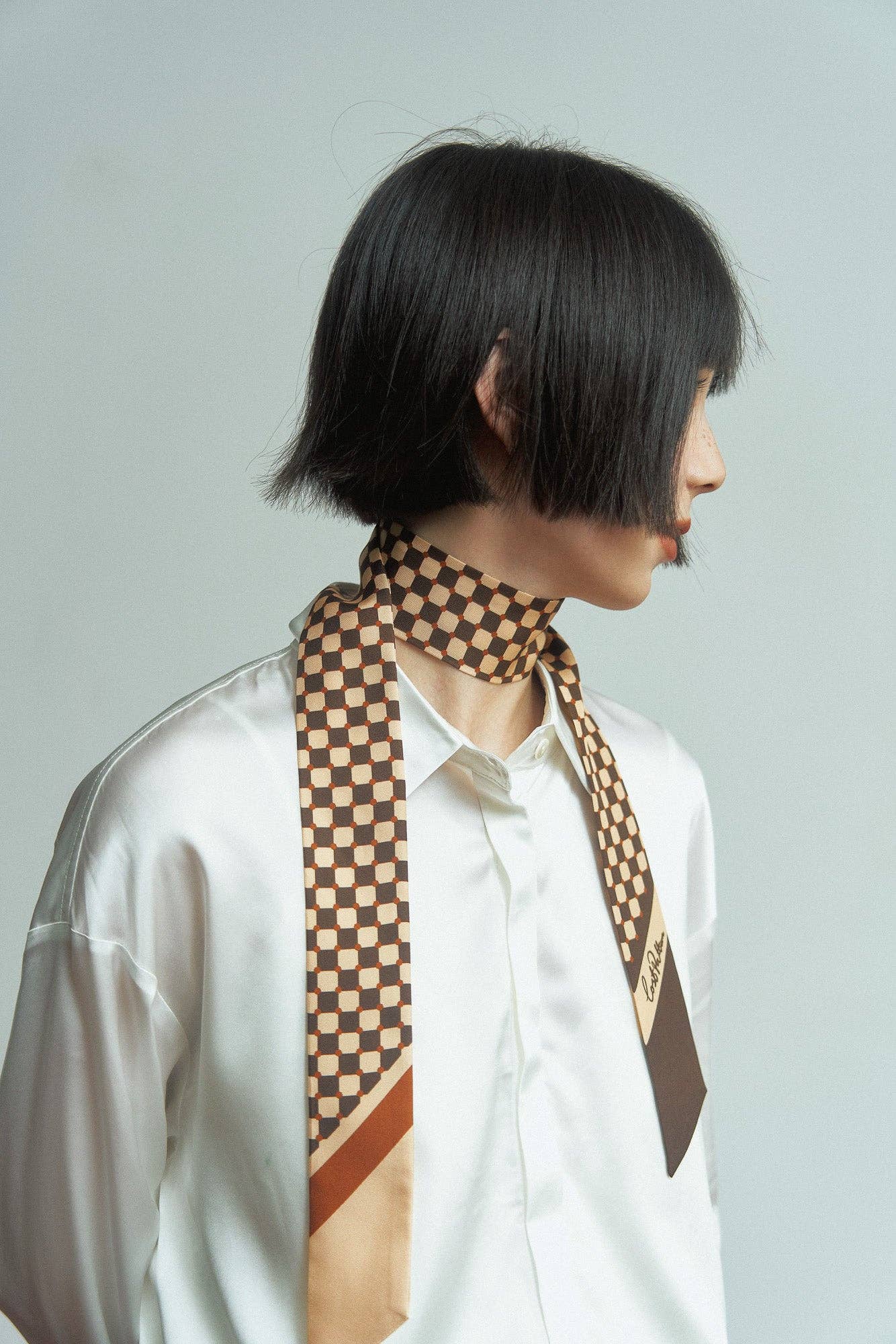 "Checkerboard" Silk Twill Skinny Scarf - Coffee