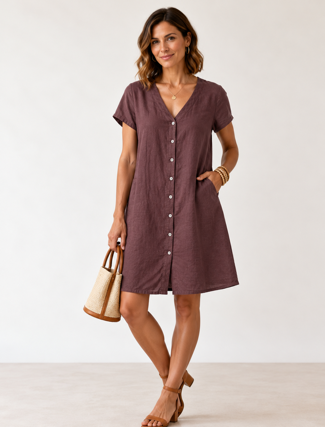 100% Linen Button Down Dress - Cinnabark