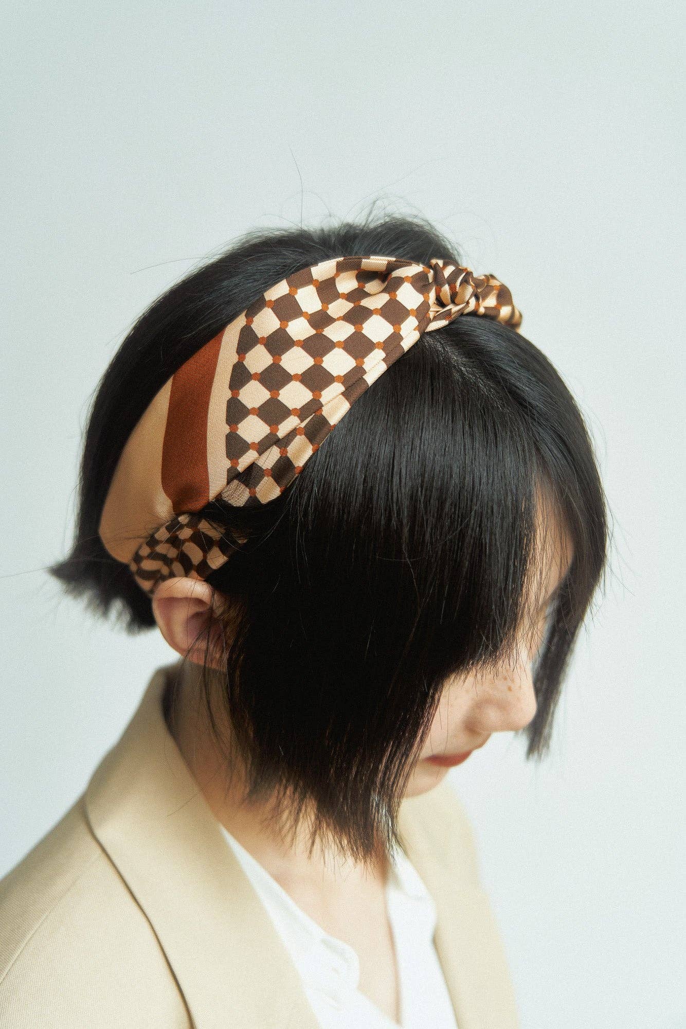 "Checkerboard" Silk Twill Skinny Scarf - Coffee