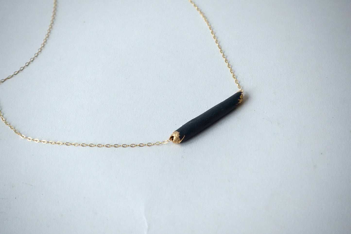 Bar Necklace Black Porcelain 24k GF Chain