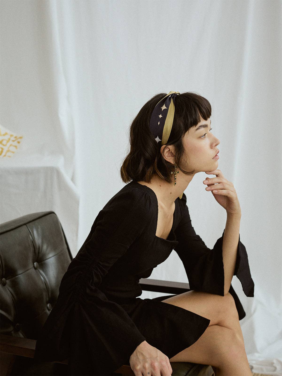 "Moonlit Stars" Silk Neck Bow Scarf: Black
