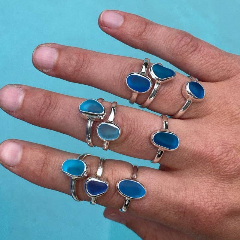 Blue Sea Glass Ring (Handmade): 925 Silver