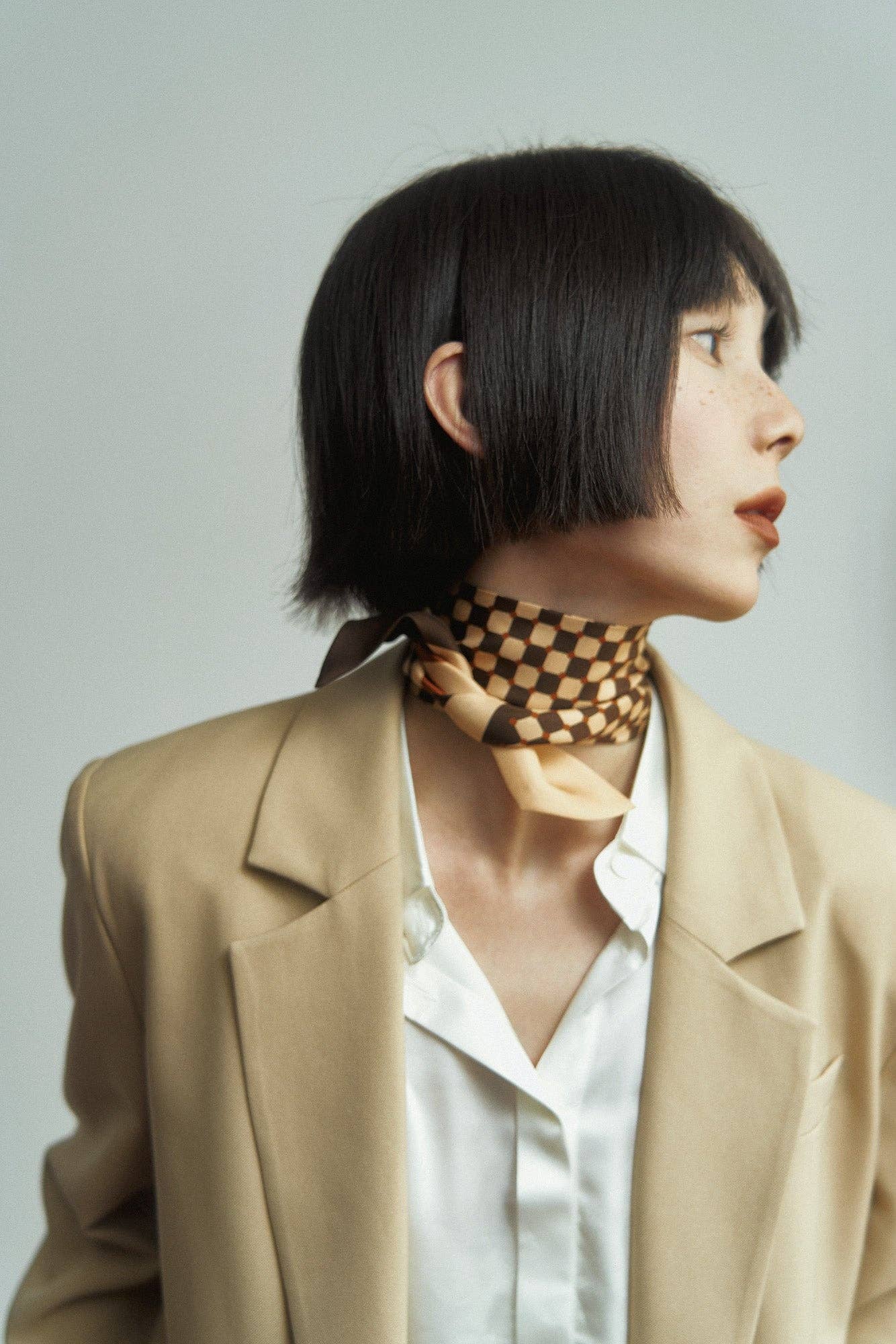 "Checkerboard" Silk Twill Skinny Scarf - Coffee
