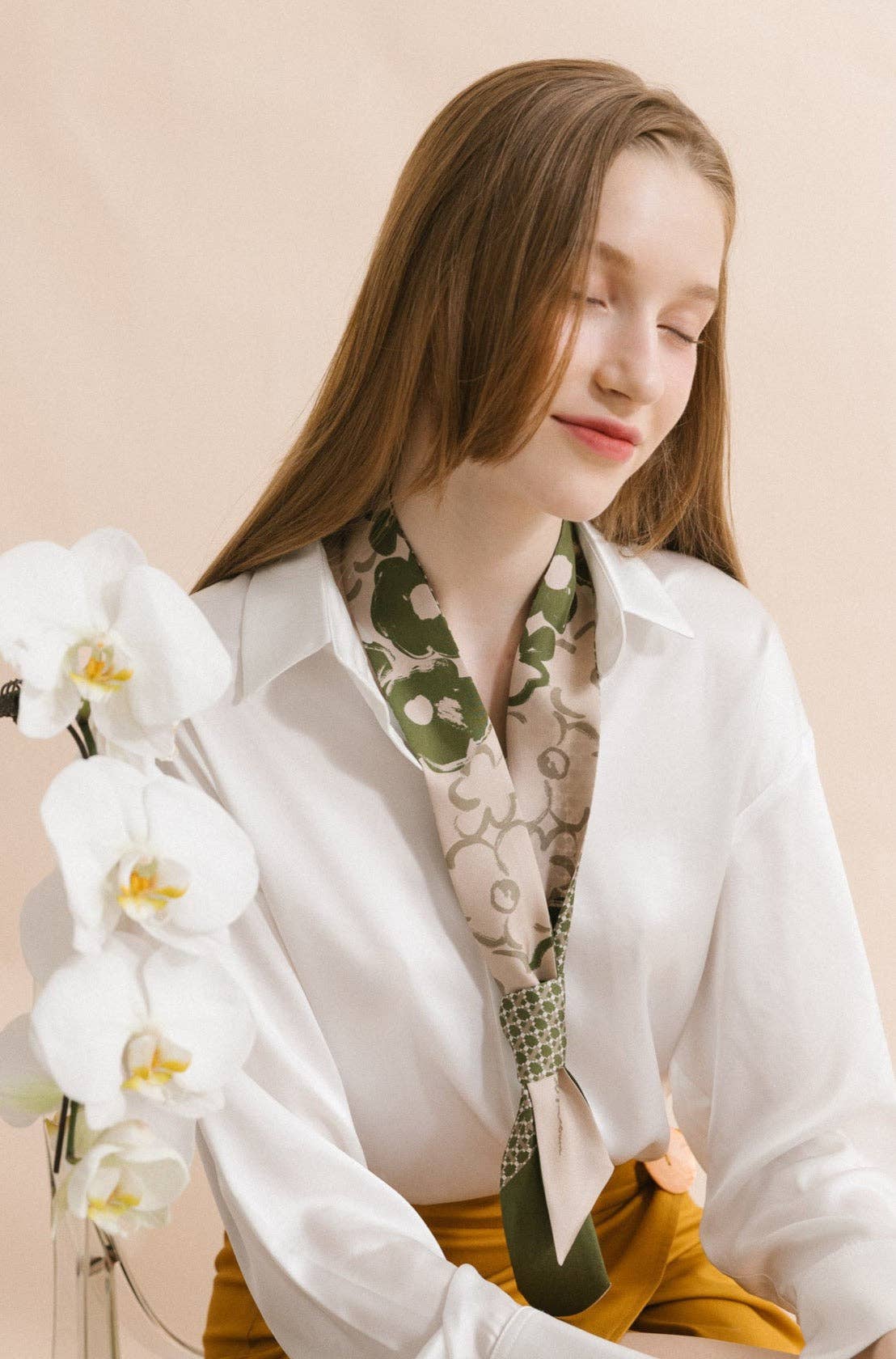 "Floral Houndstooth" Silk Skinny Scarf: Green