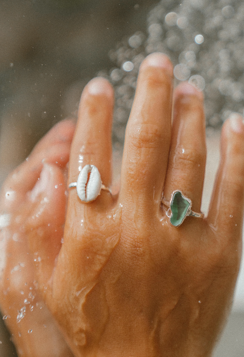 Green Sea Glass Ring (Handmade): 925 Silver