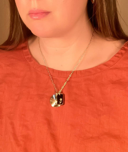 Black Glass & Sunburst Charm Necklace: 20"