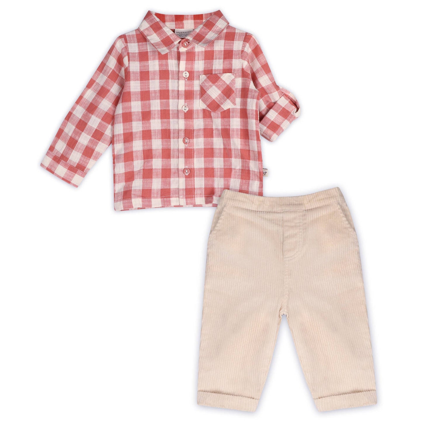 Arden Gingham Baby Shirt & Cord Pant (Organic Cotton): Cranberry Rust