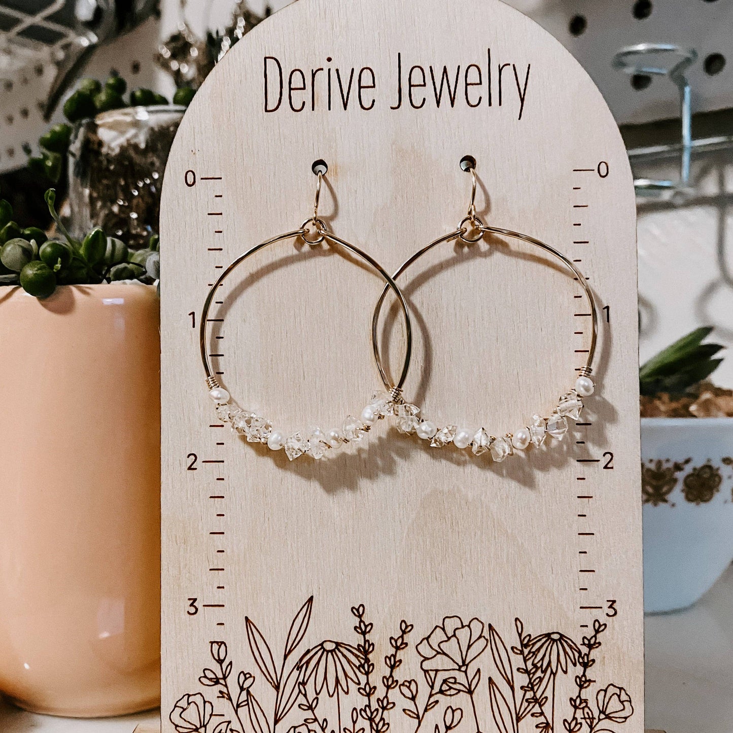 Everly Herkimer Diamond and Pearl Hoop Earrings: 14k Gold Fill