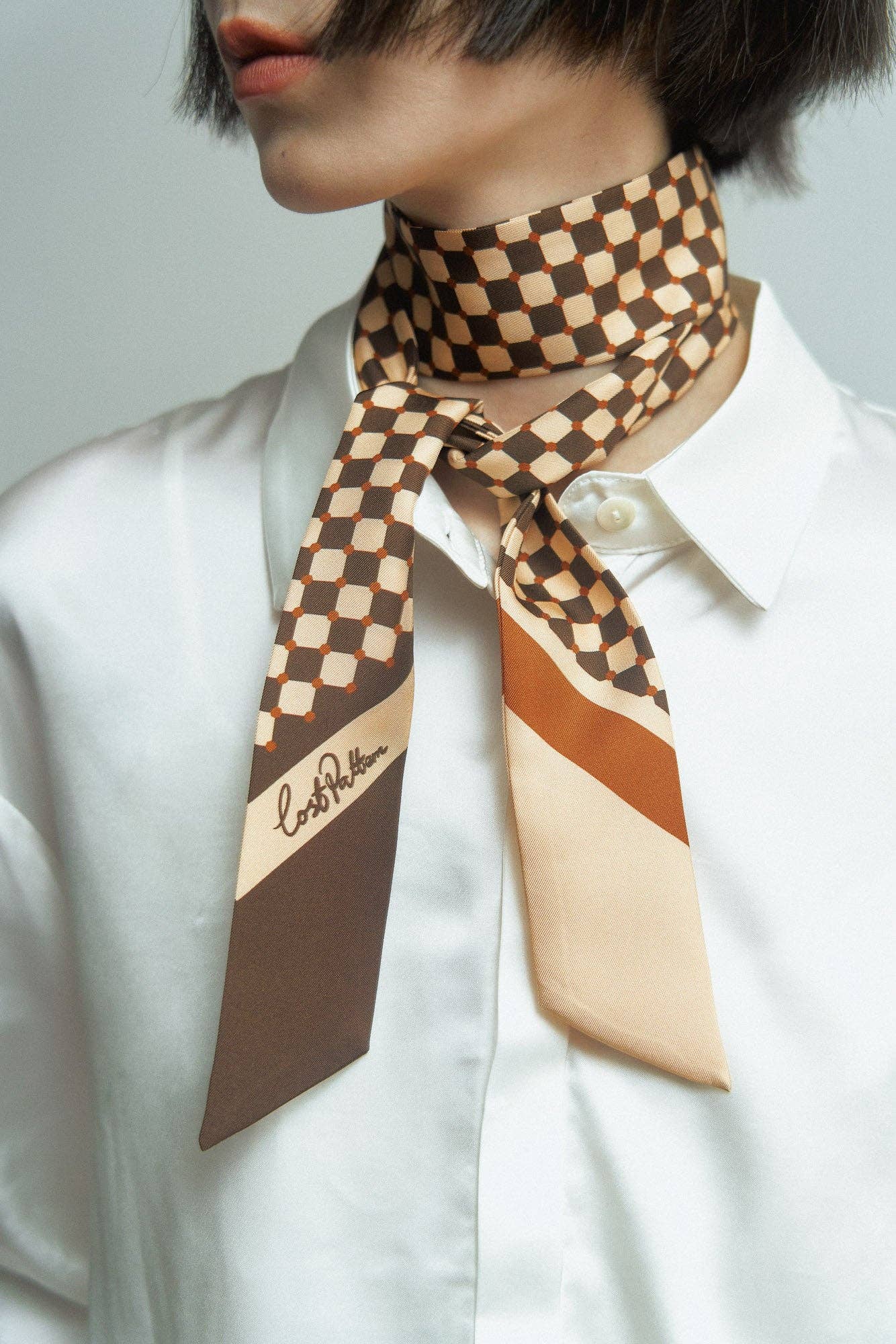 "Checkerboard" Silk Twill Skinny Scarf - Coffee