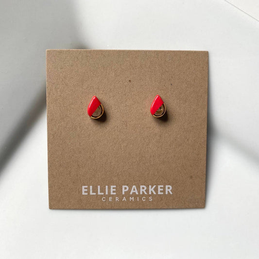 Red Ceramic Teardrop Gold Accent Stud Earring