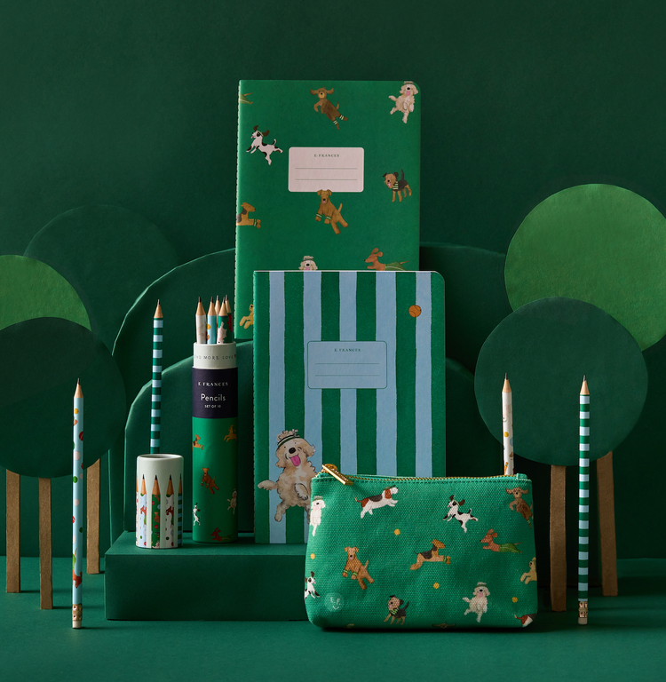 collection of green paper goods from e frances paper including notebooks and pouch with dog illustration