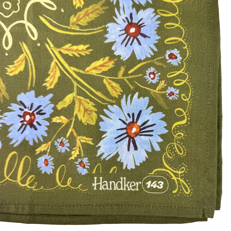 closeup of green and blue floral handker bandanas