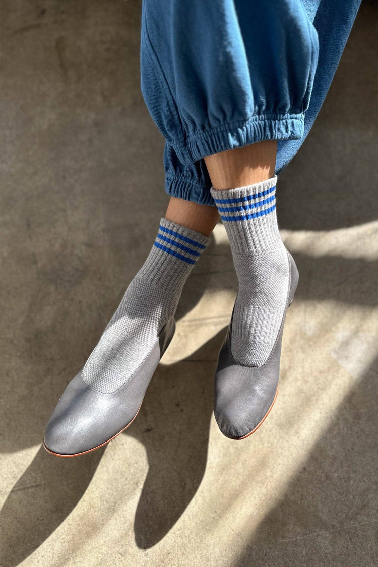 grey and blue crew socks - le bon shoppe girlfriend luxury socks on feet with gray flats
