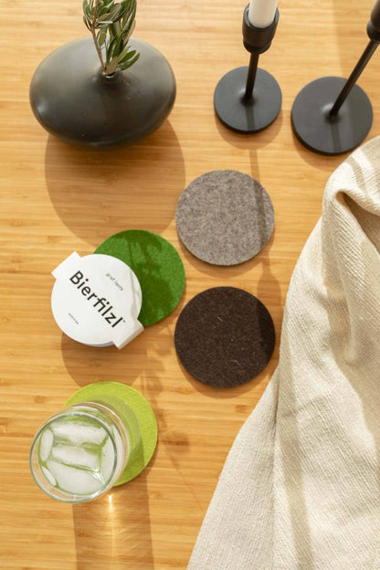 Earthy greens and browns set of Graf Lantz round wool coasters