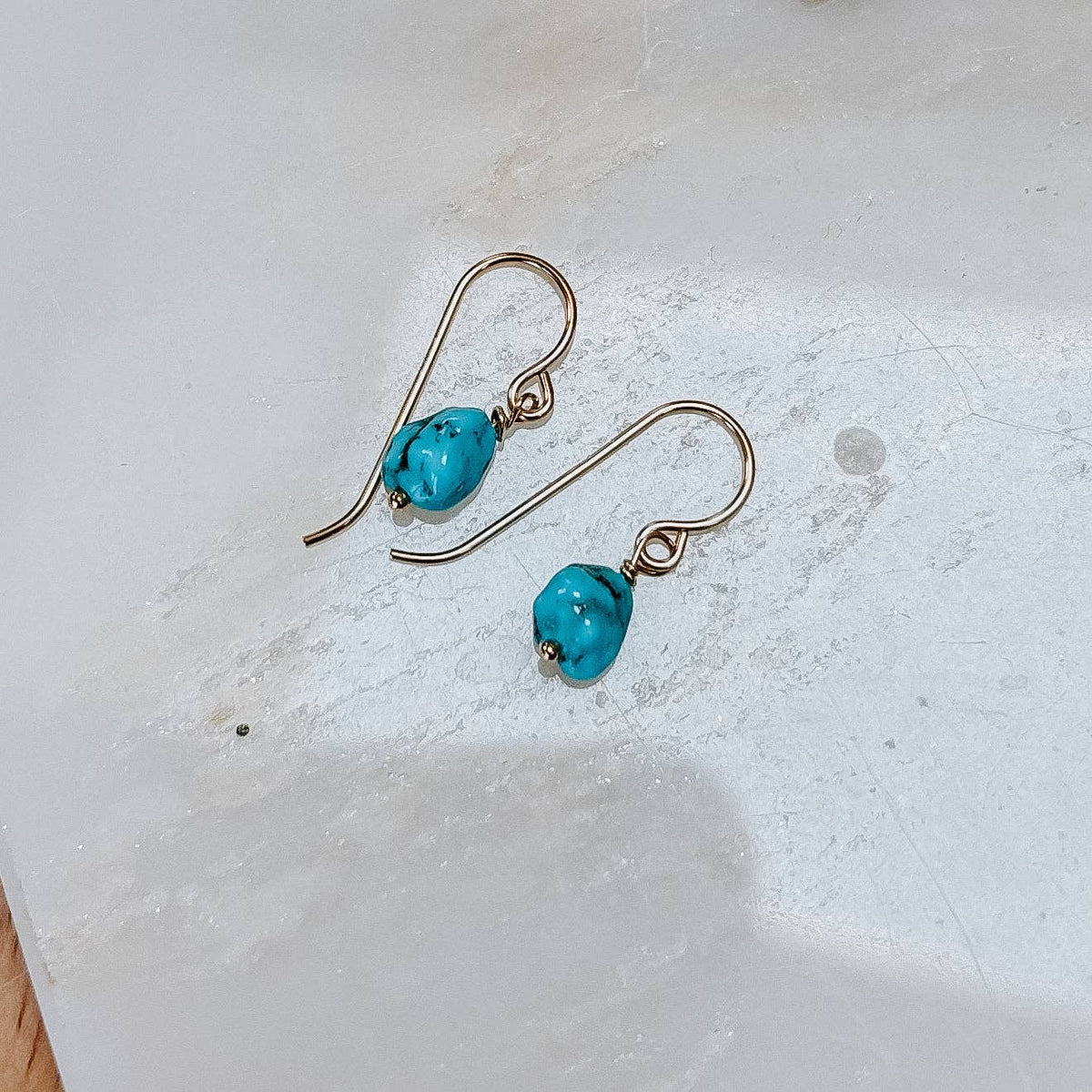 Mini Turquoise Nugget Drop Earrings: 14k Gold Fill