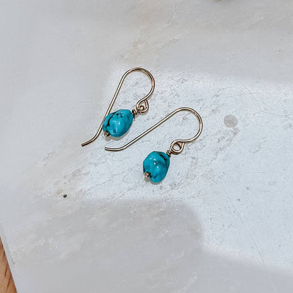 Mini Turquoise Nugget Drop Earrings: 14k Gold Fill