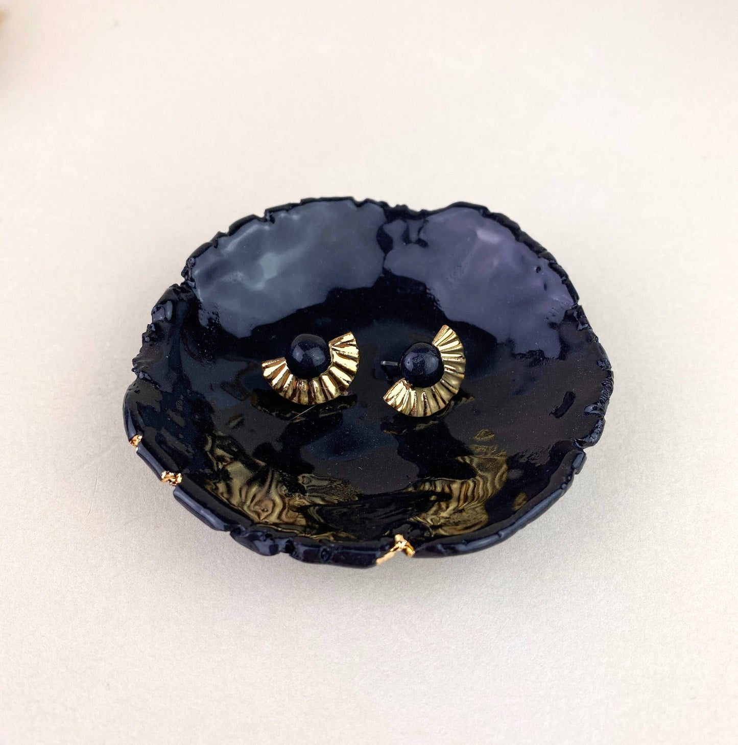 Gold Fan Studs - Black Porcelain with 22k Gold Overlay