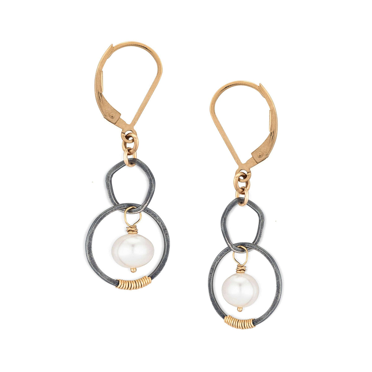 Oxidized & Gold Circle Earrings w/ White Pearl