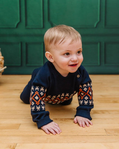 Fair Isle Raglan Sleeve Baby Pullover Sweater Navy Blue