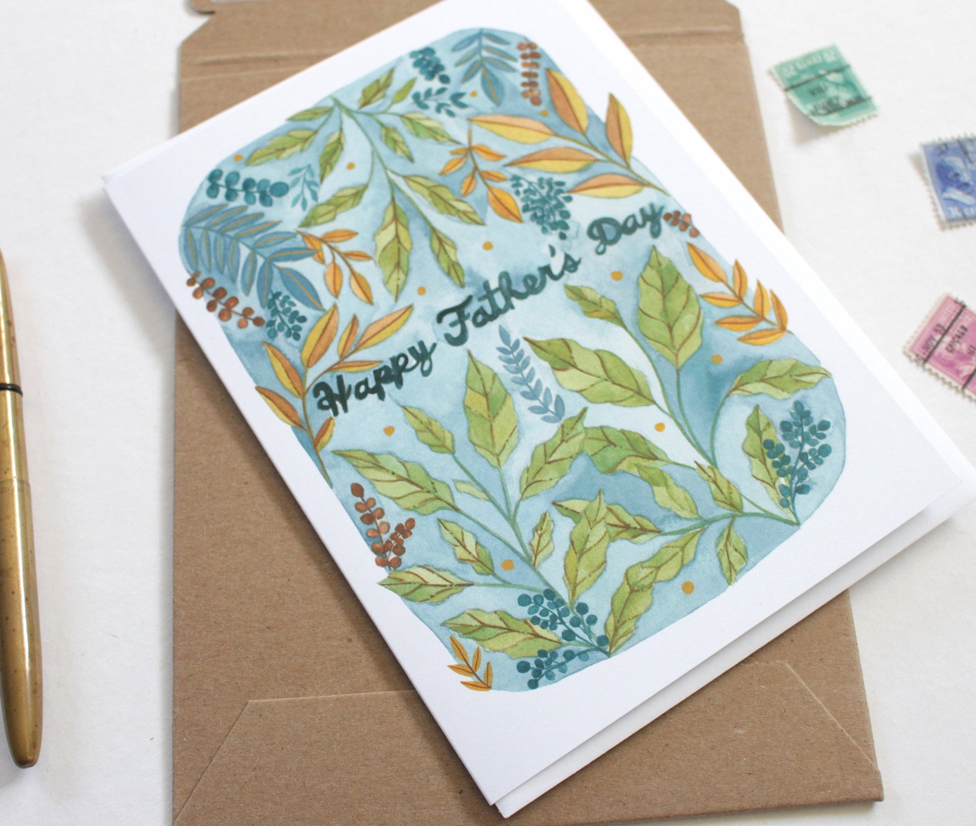 nature inspired watercolor happy father's day card blank inside