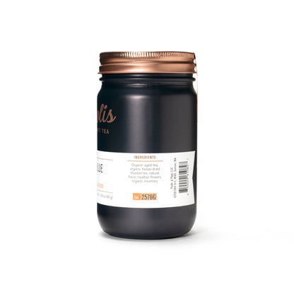 Apolis Craft Tea Bags in jar: ingredients aged tea, freeze dried blueberries, natural flavor, heather flowers, organic rosemary 