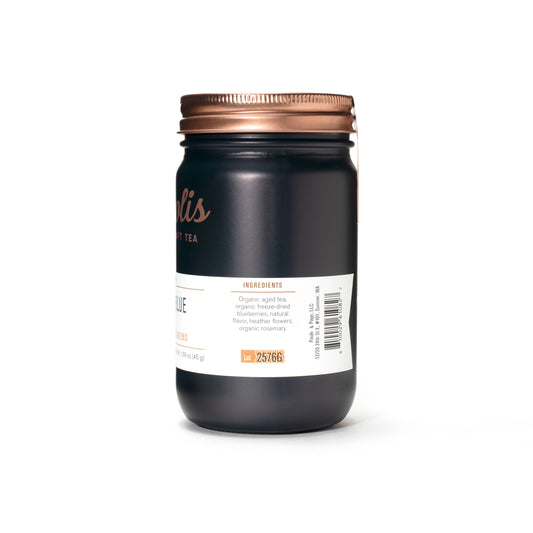 Apolis Craft Tea Bags in jar: ingredients aged tea, freeze dried blueberries, natural flavor, heather flowers, organic rosemary 