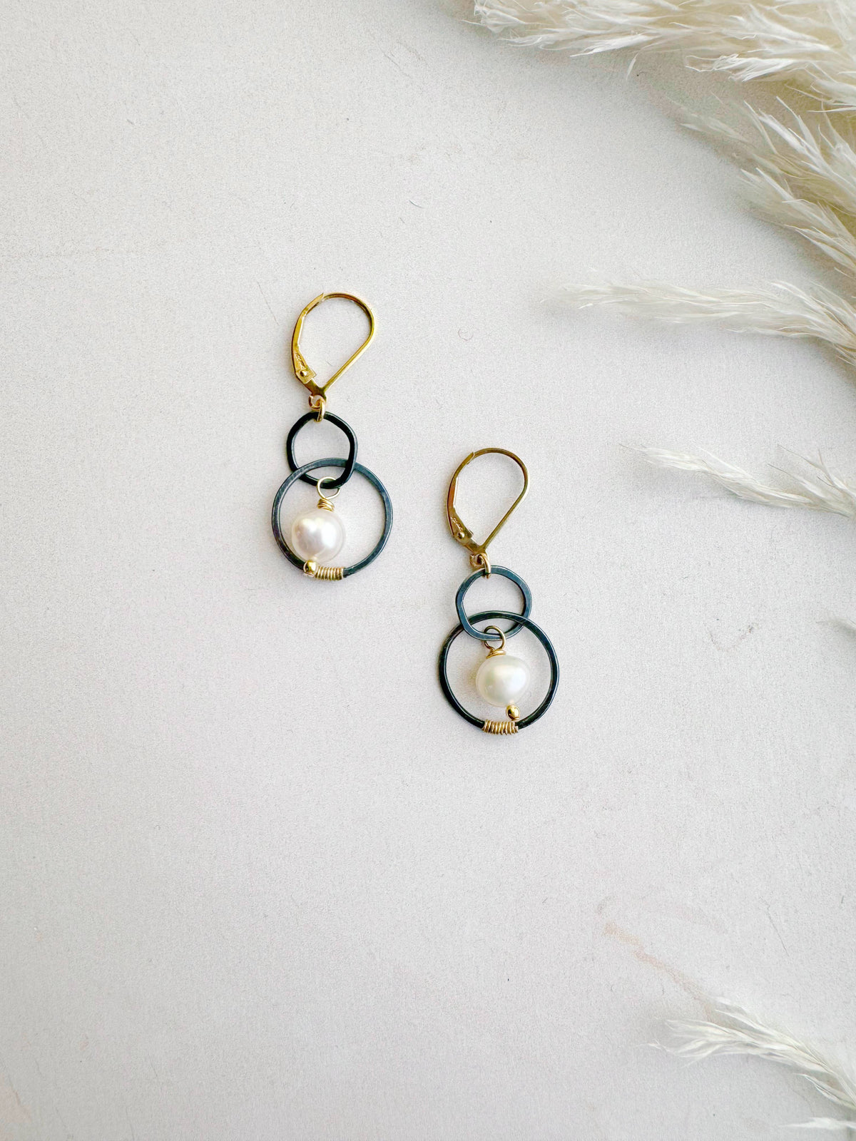 Oxidized & Gold Circle Earrings w/ White Pearl