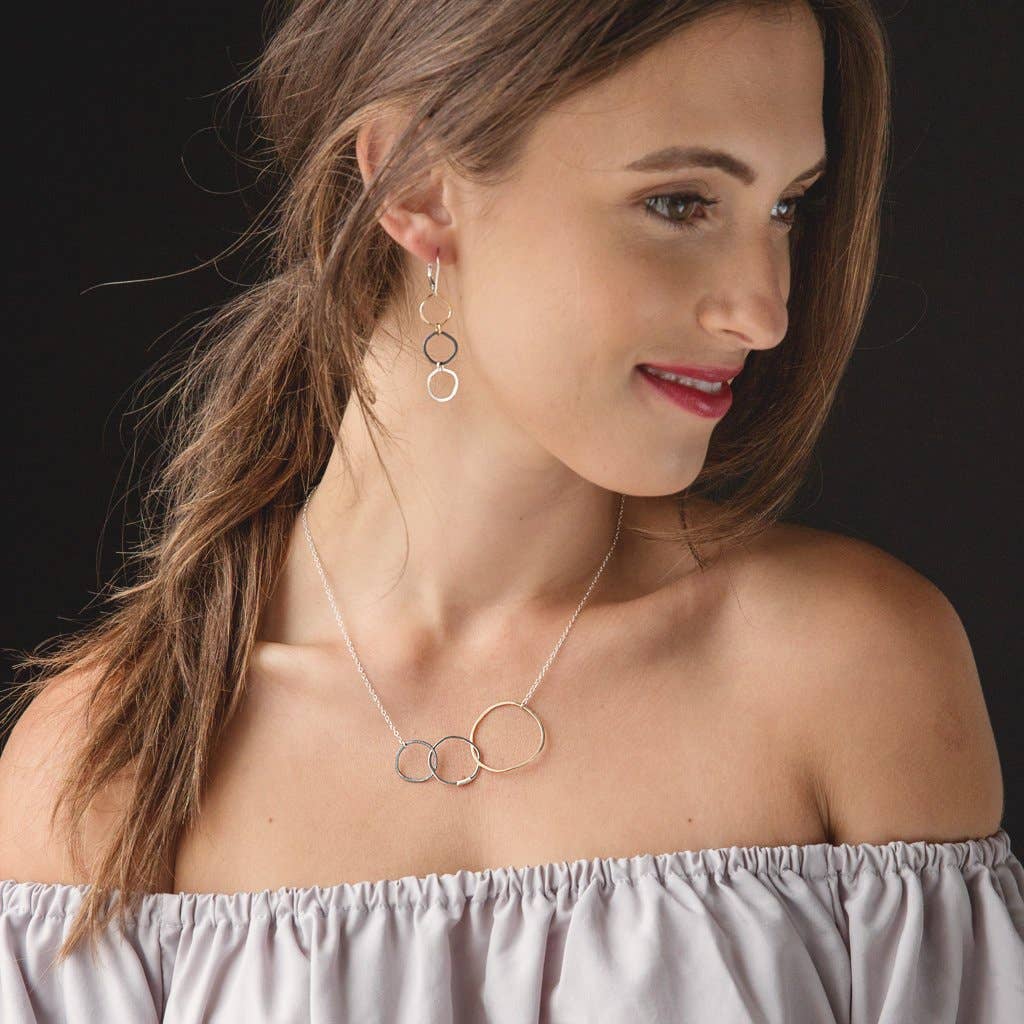 EXPLORE Necklace Three Linked Circles Mixed Metal Sterling: 18"