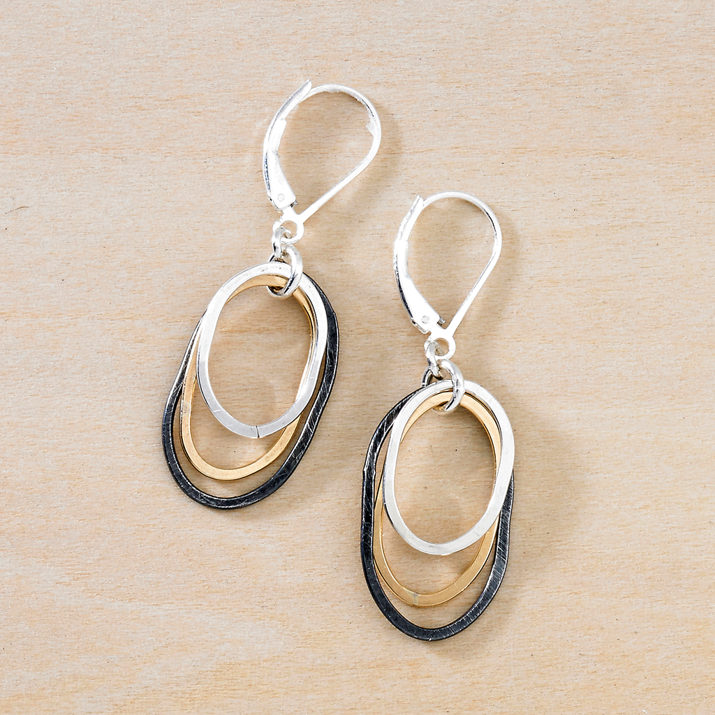 Mixed Oval Earrings Hammered Sterling Gold Black