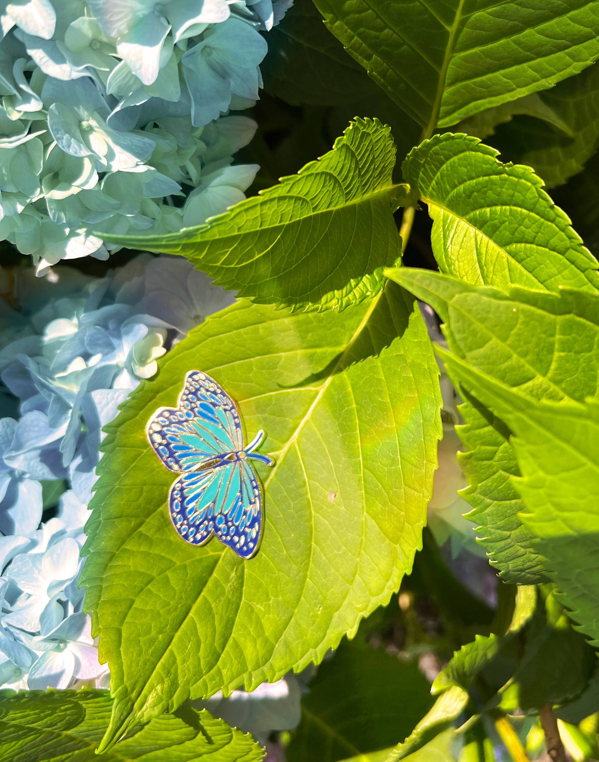 Blue butterfly pin on a green leaf with hydrangeas in the background