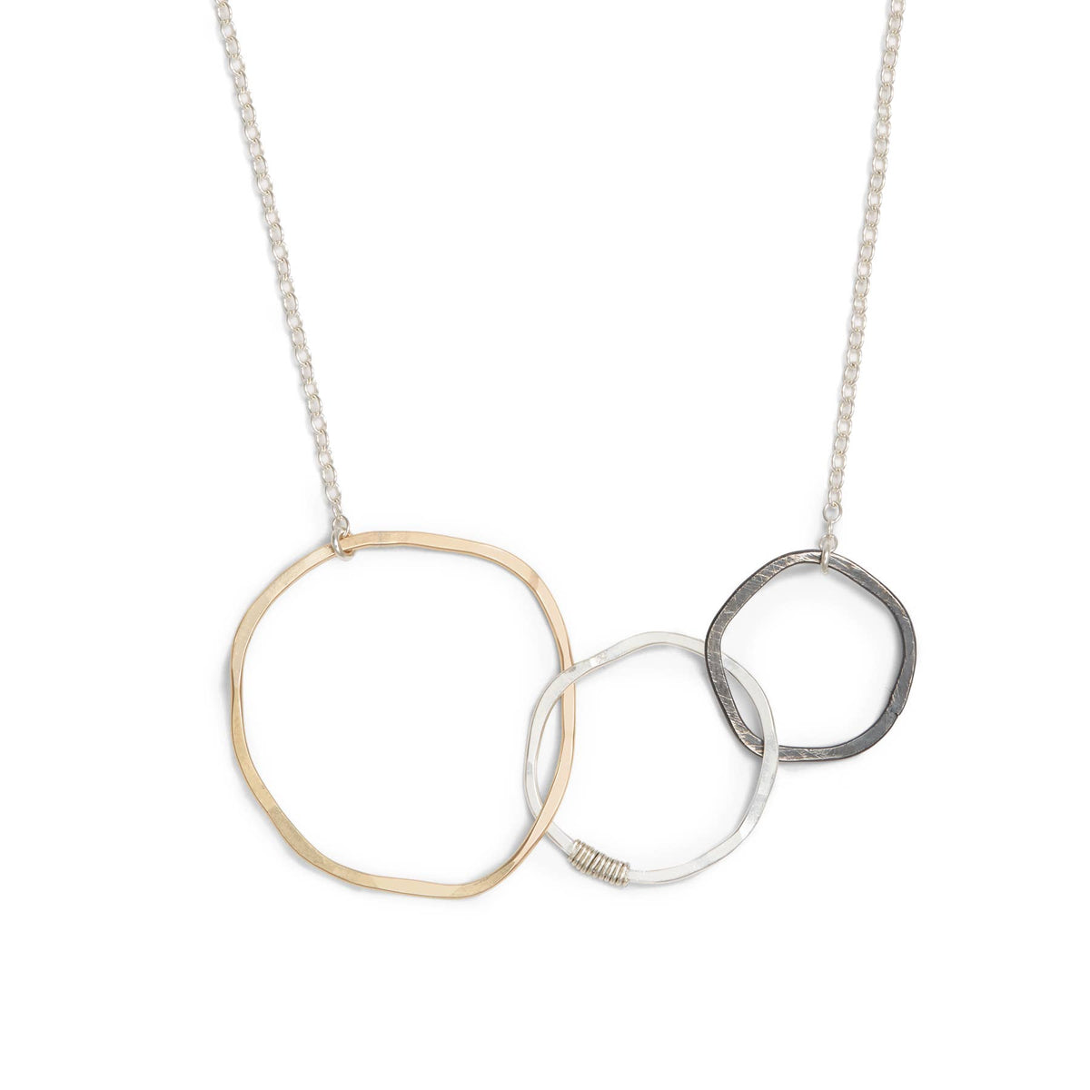 EXPLORE Necklace Three Linked Circles Mixed Metal Sterling: 18"