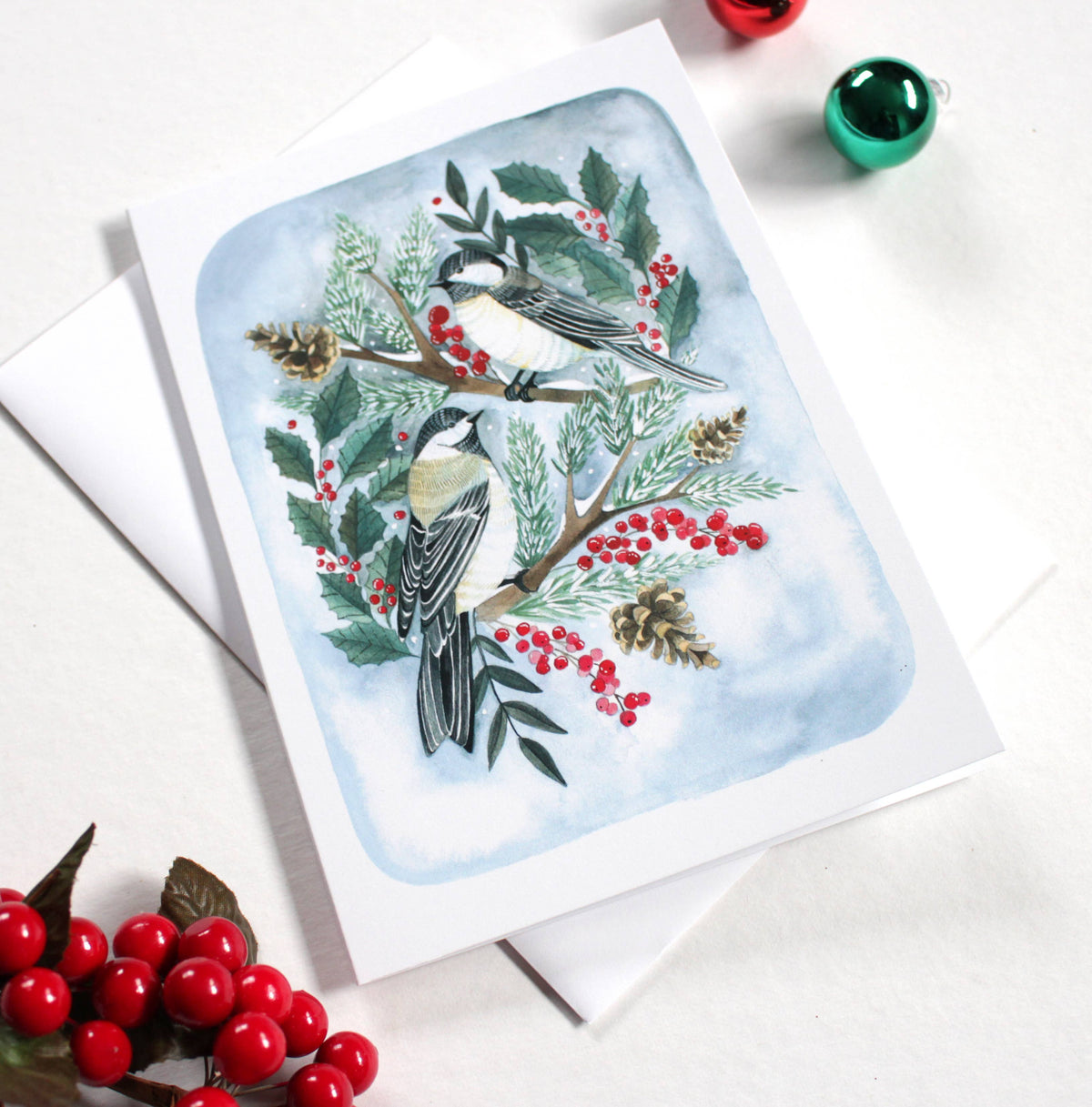 michele maule - Holiday Card- Two Christmas Chickadees