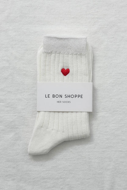 Embroidered Her Socks  Classic White + Heart