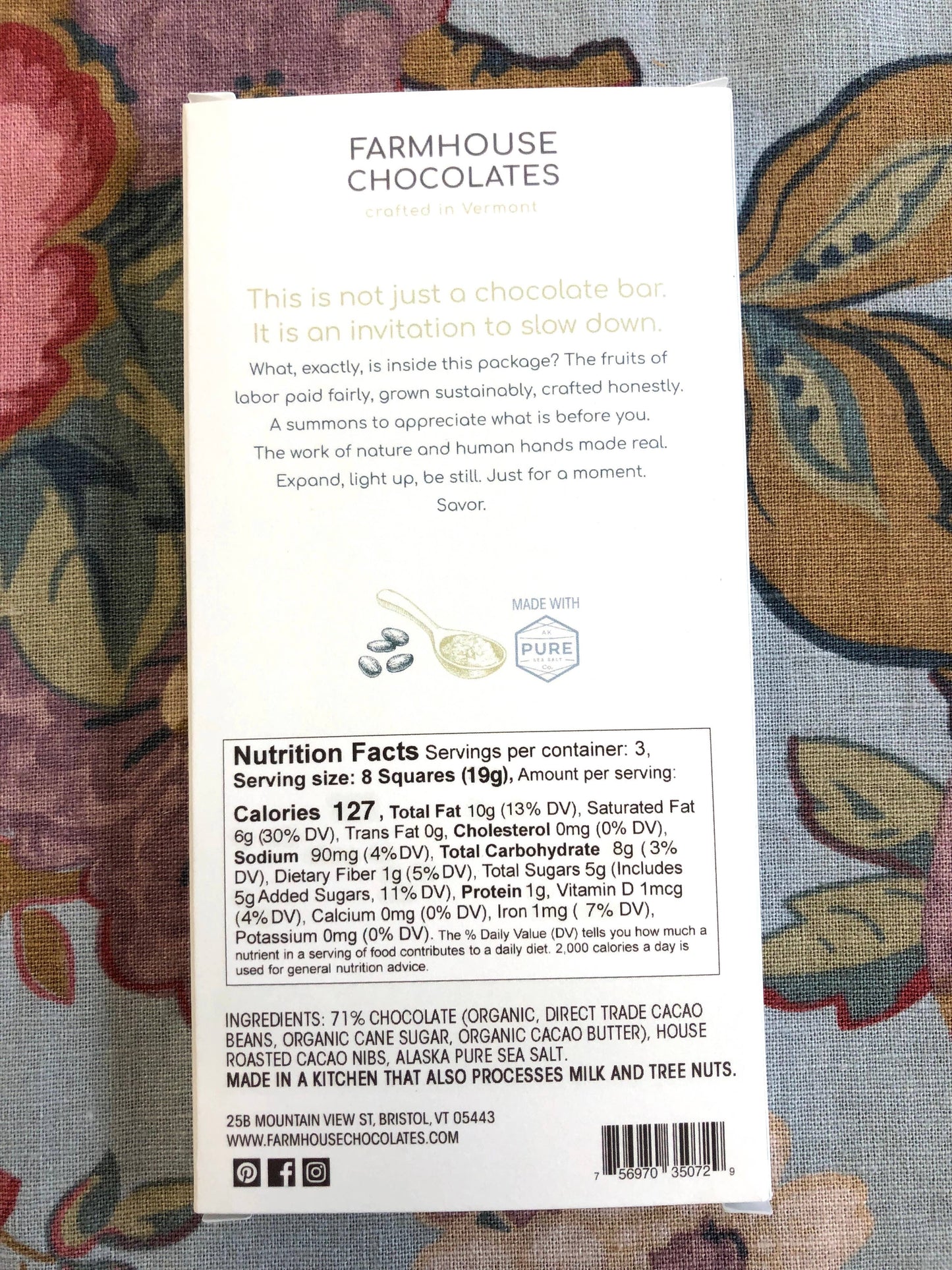 71% Organic Chocolate Bar w/ Cacao Nibs & Alaskan Sea Salt