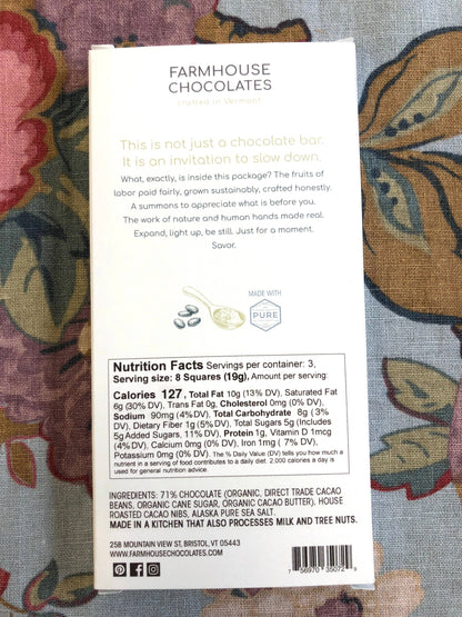 71% Organic Chocolate Bar w/ Cacao Nibs & Alaskan Sea Salt