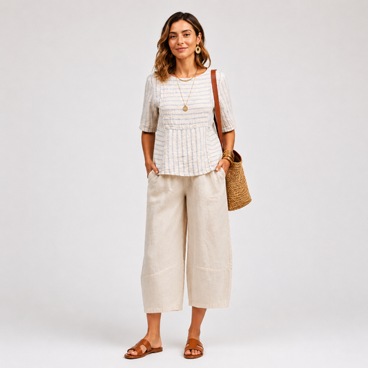 100% Linen Stripe Top- Jicama