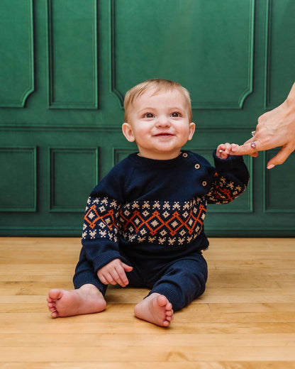Fair Isle Raglan Sleeve Baby Pullover Sweater Navy Blue